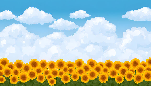 青空とひまわり畑と入道雲の背景イラスト