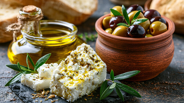 Savory feta cheese served with olives and fragrant herbs for a delightful feast
