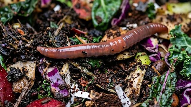 Earthworm in compost among organic waste and colorful vegetable scraps. Compost includes nutrient-rich materials like vegetable peels, leafy greens, and moist soil.