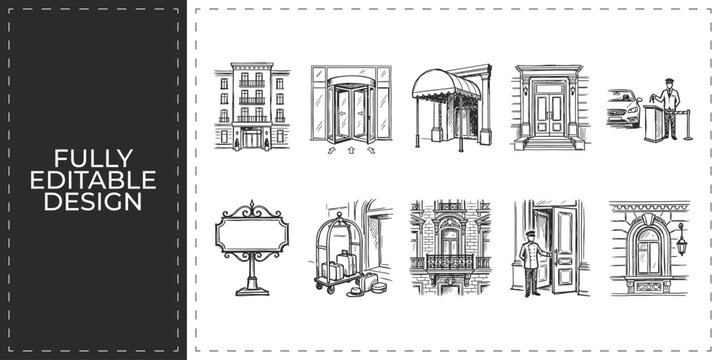 Hotel facades and urban architecture hand drawn doodle icons set for hospitality branding and tourism agency website marketing graphics design