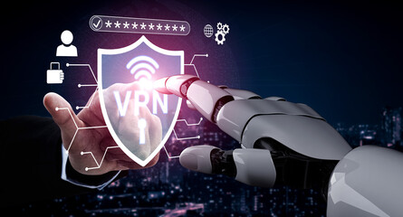 Fototapeta premium Futuristic Interaction Between Human Hand and Robotic Arm with VPN Security Concept in Digital Environment Haptic.