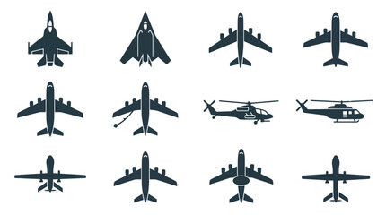 Aviation symbols featuring jets and helicopters silhouettes. © bogel