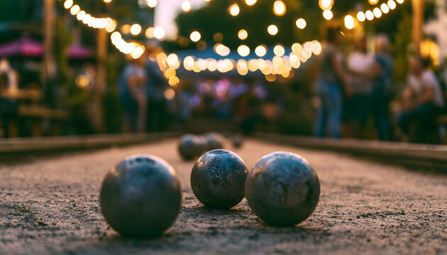 Metal balls sit on sandy court for a bocce game at the park.