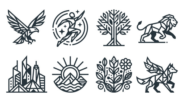 Minimalist geometric line art logos featuring nature and wildlife