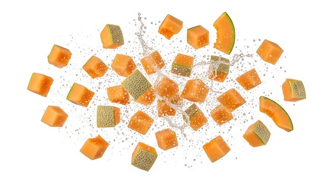 Fresh Cantaloupe Melon Cubes and Slices Splashing in Water with Droplets, Floating Orange Fruit Isolated on White Background for Juice and Healthy Food Design