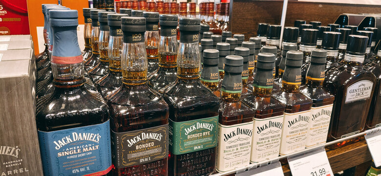 14 May 2026, Izmir, Turkiye: Jack Daniel's Tennessee whiskey bottles displayed in a store, offering various types of alcohol and beverages for sale