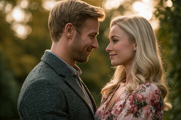 Fototapeta premium Happy couple smiling, sharing an intimate moment outdoors, feeling a strong bond and affection during golden hour