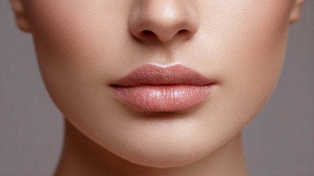 Woman's face showing beauty makeup with perfect, glowing skin and natural nude pink glossy lips