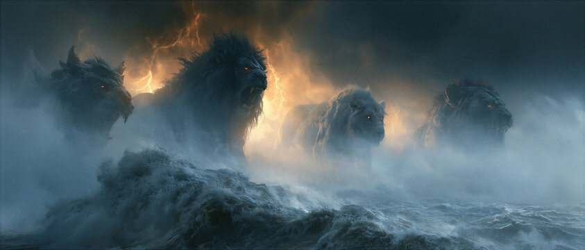 Daniel's vision of the four beasts emerging from the churning sea, terrifying apocalyptic monsters, dark storm