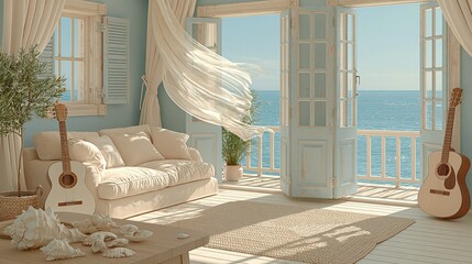 Obraz premium Serene coastal living room with breezy sheer curtains opening to a bright ocean view and two acoustic guitars