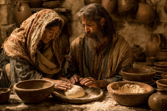 Elijah being fed by the widow of Zarephath, baking a small loaf of bread in a dusty ancient kitchen, miracle of flour