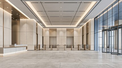 Naklejka premium Modern Office Building Lobby with Sleek Design, Security Turnstiles, and Natural Light Entrance