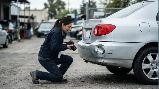 Medium shot of auto insurance adjuster photographing rear bumper collision damage with focused vehicle and softfocused surroundings.