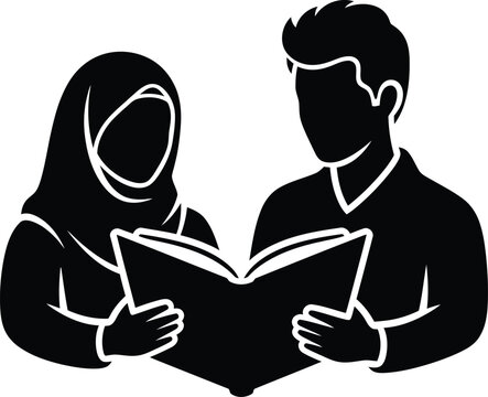 Young couple reading a book together in a flat vector illustration