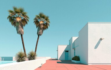 Obraz premium Minimalist architecture with palm trees and pool against a clear blue sky