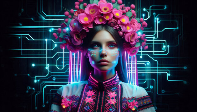Beautiful Ukrainian woman in traditional ethnic clothing and glowing cyber neon flower crown futuristic folklore concept.