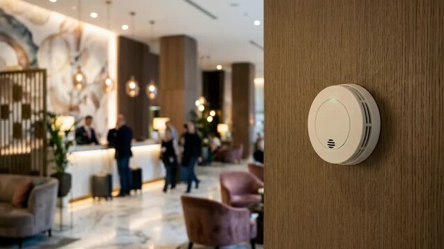 Detailed shot of a smoke monitoring device mounted in a hotel lobby wall foreground sharp with the blurred reception area conveying integrated insurance safety systems.