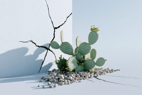 Resilient Prickly Pear Cactus Growing Through Cracks in White Wall with Pebbles and Shadow