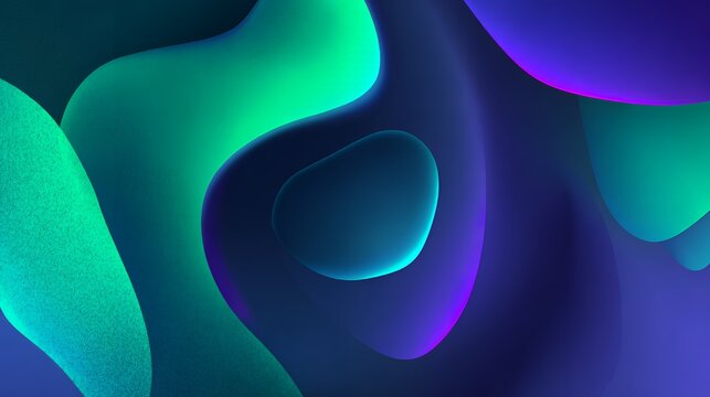 Abstract 3D Organic Liquid Shapes with Smooth Gradients and Neon Glowing Edges in Green Blue and Purple for Futuristic Design