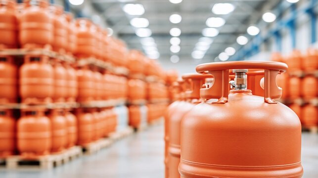 Rows of orange propane gas cylinders neatly stacked and ready for distribution in a large industrial warehouse