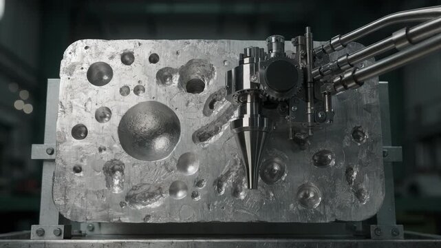 Closeup medium shot showing phased array ultrasonic equipment scanning a dense aluminum plate highlighting the advanced imaging process for nondestructive flaw detection.