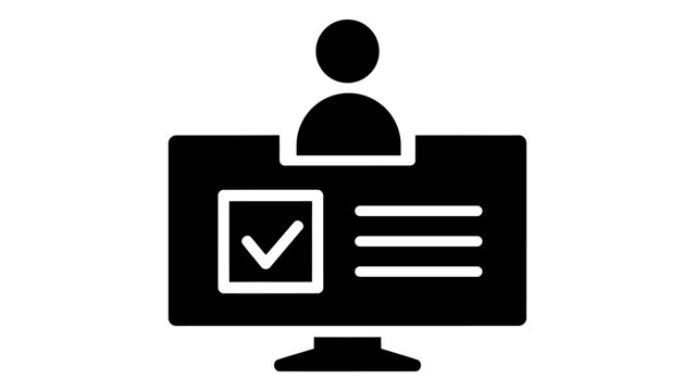 A black and white icon representing a task management office. The icon features a computer screen displaying a checklist