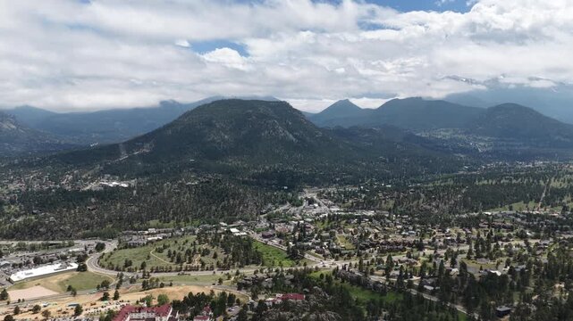 AAerial of suburban community in Estes Park Colorado in mountain valley in summer under a cloudy sky