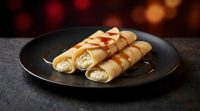 Traditional Bengali Patishapta Pitha crepes with coconut filling and nolen gur syrup on a black plate