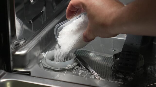 Pouring regenerating salt into dishwasher reservoir close up. Man adding special dishwasher salt granules into water softener container in kitchen appliance, domestic chores and maintenance concept.