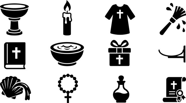 Baptism Ceremony Object Silhouette Icon Set