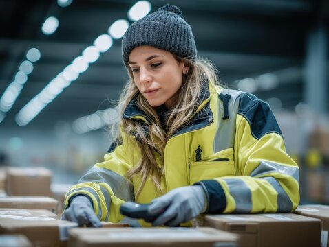 Focused Woman Warehouse Worker in High Visibility Jacket Scans Packages with Handheld Device