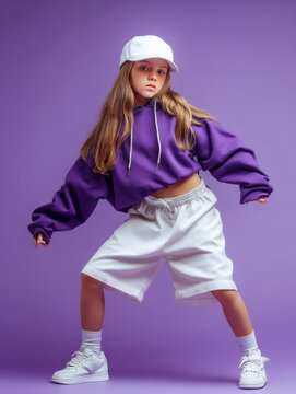 Young girl in purple hoodie and white shorts performs energetic dance move on studio purple background