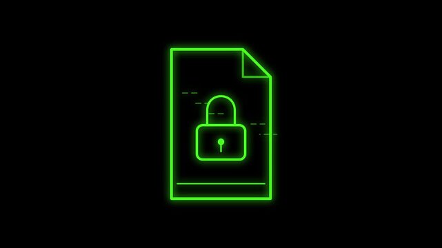 Neon green glowing document scan with padlock secure file icon animation on black background
