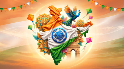 Fototapeta premium Festive Indian Independence Day illustration with national flag map peacock and traditional cultural symbols.