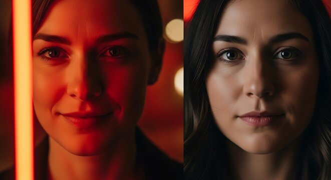 Split Screen Portrait of Two Women with Contrasting Lighting and Expressions