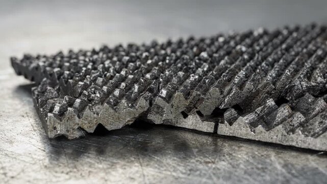 Closeup medium shot highlighting the intricate doublecut hand file tooth pattern produced by precise machine strikes on a tough steel surface.
