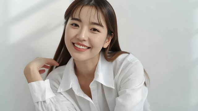 白い壁の前で頬杖をついて微笑む日本人女性の清潔感ある写真