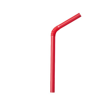 Pristine, high-gloss cherry-red plastic drinking straw, curved bendy section casting sharp shadow on transparent background with copy space, concept for beverage advertising