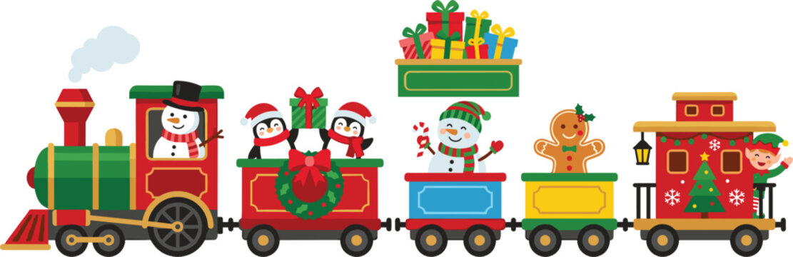 Christmas Holiday Train Express Vector Set with Snowman Driver, Cute Penguins, Gingerbread Man, Elf, and Festive Present Gift Wagons