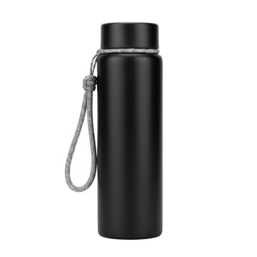 Sleek, matte black stainless steel thermos bottle with gray and white paracord handle, transparent seamless studio background, copy space, professional product advertising concept