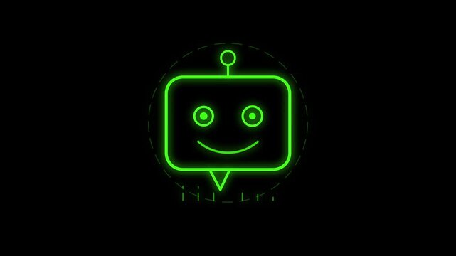Neon green glowing chatbot robot face with chat bubble icon animation on black background