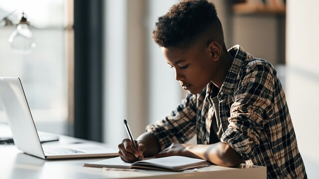 Child writing in notebook using laptop at home desk