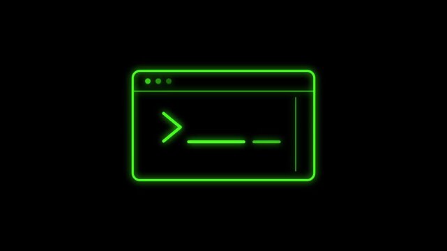 Neon green glowing terminal command line code window animation on black background