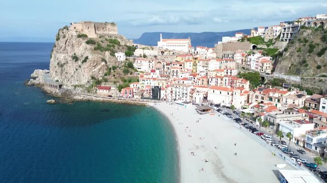 Aerial View of Scilla and Ruffo Castle on Calabria Coast, Italy