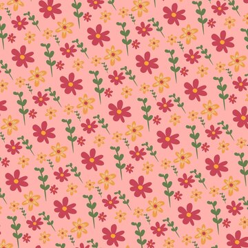 Hand drawn floral repeating pattern featuring colorful flowers and green leaves on a soft pink background. Perfect for textiles, fabric printing, wrapping paper, wallpaper, stationery, packaging, scra