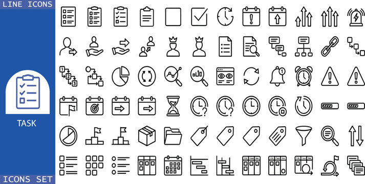 Task icon set. Containing a checklist, project, to-do list, job, workflow, clipboard, multitasking, assignment, business planning, and more.