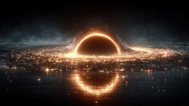 Black hole conceptual visualization showing event horizon, accretion disk dynamics, gravitational pull, relativistic light bending, and cosmic singularity representation