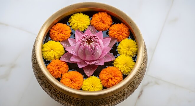 Pink lotus and marigold flowers floating in a traditional brass bowl of water on white marble