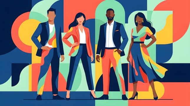 A diverse corporate business team standing together in a modern abstract geometric vector illustration