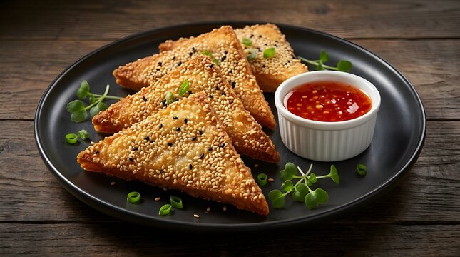 Crispy sesame prawn toast dim sum with sweet chili dipping sauce on a matte black plate